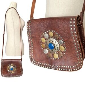 Vintage Moroccan Leather Crossbody Shoulder Bag Brown Boho Coin Studded Saddle